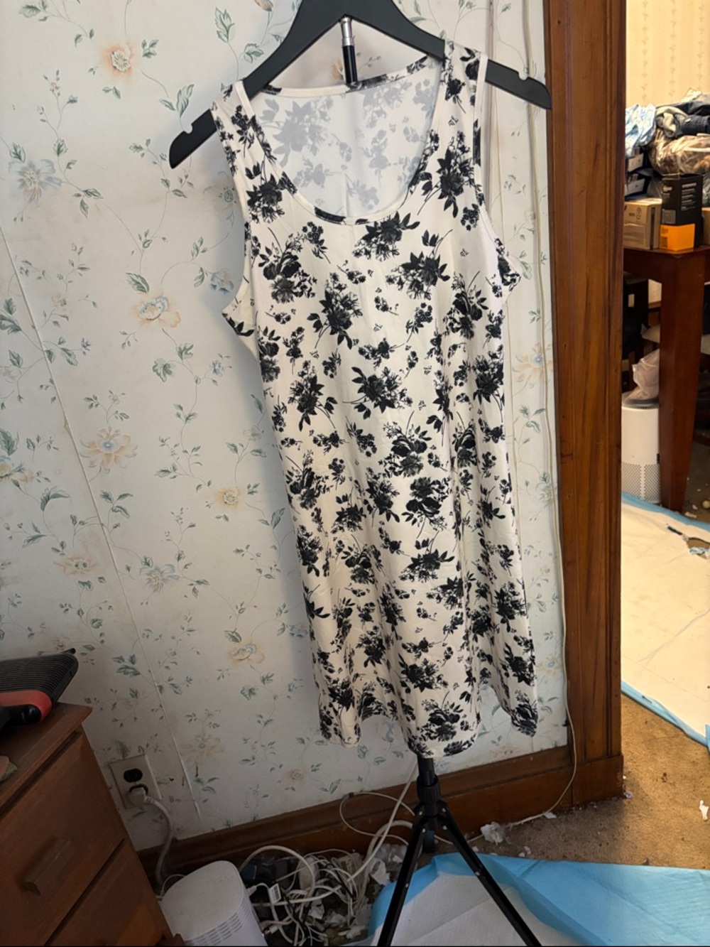 Sleeveless White Midi Dress with Black Floral Print